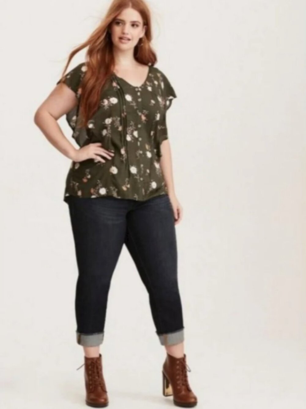 Torrid Green Flutter Sleeve floral top